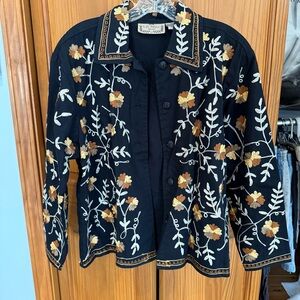 Vintage Embroidered Petite Small Button-Up Jacket Black Retro Floral PS Cotton